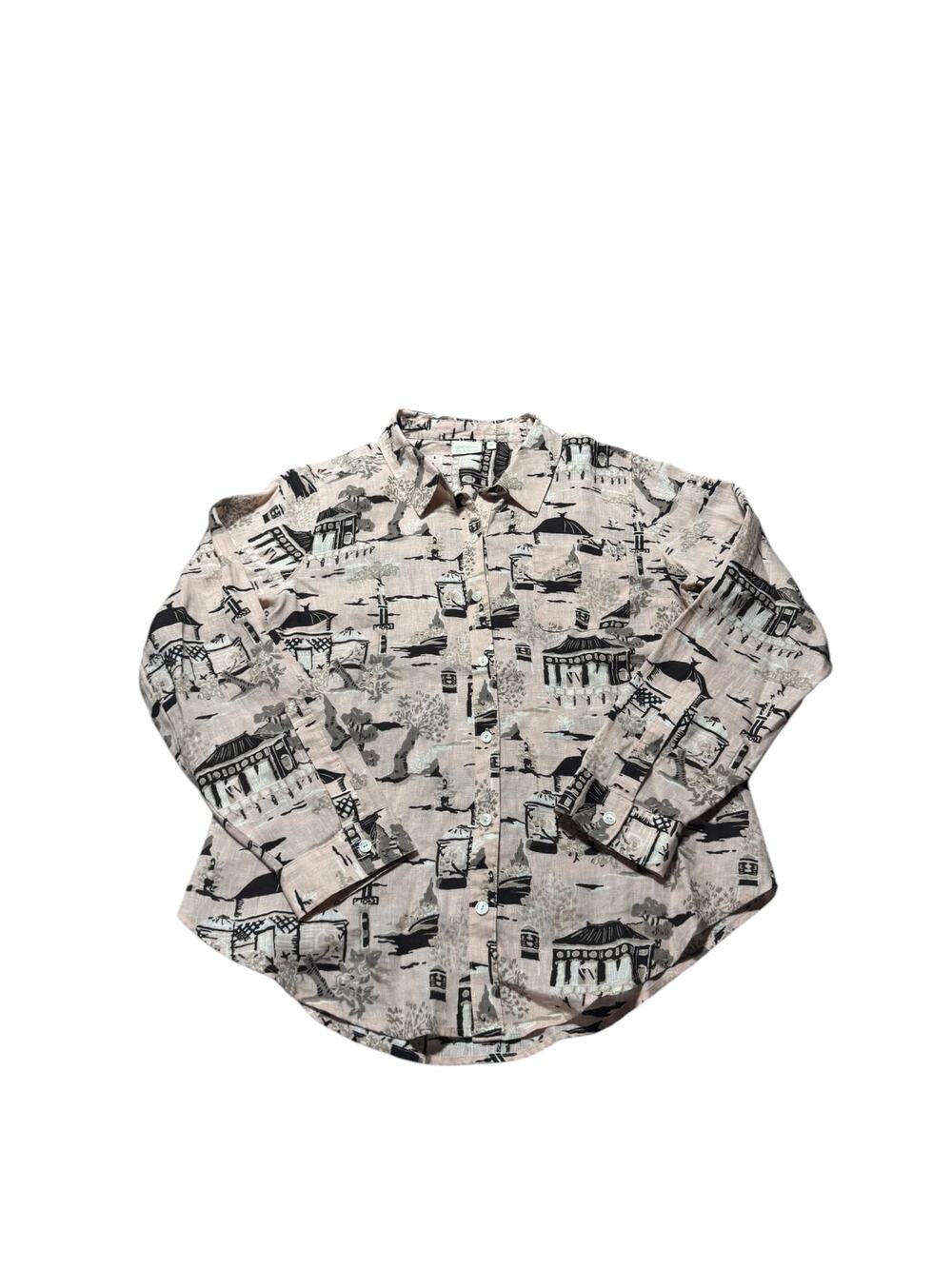 Spartina 449 Button Up Shirt Womens
 M Beige Black Pagoda Toile Print Long Sleev